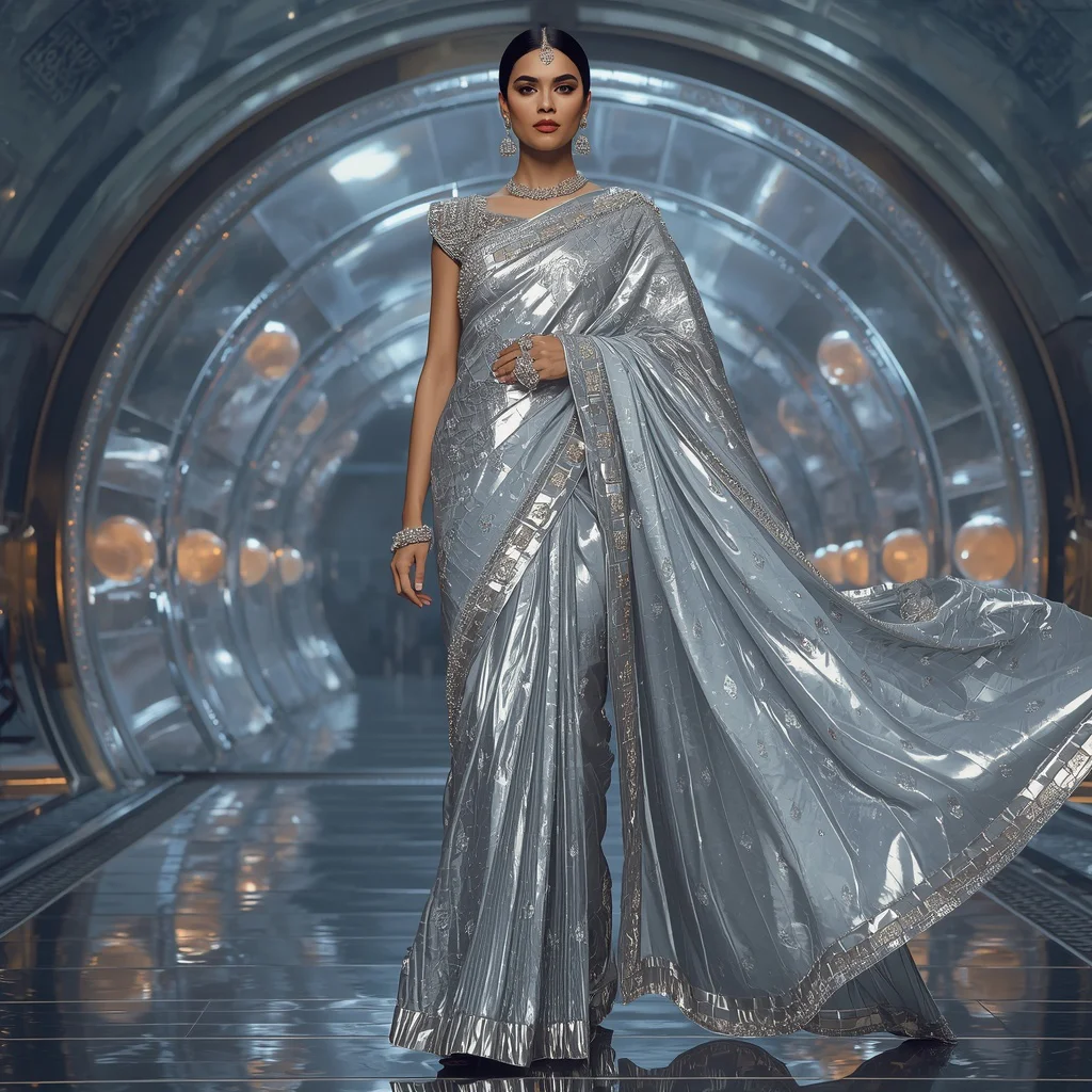 Silver Mercury Liquid Saree with Orbit Crystal Dome Architecture | new viral prompt - Classic Jamdani Saree AI Image Prompts for Elegant Artistry AI Prompt
