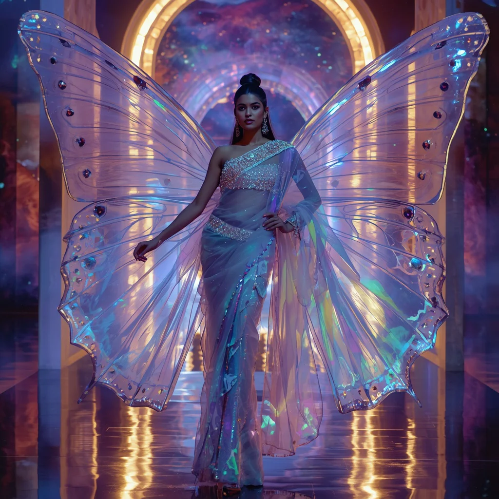 Transparent Aurora Butterfly Saree with Cosmic Light Palace | prompt for gemini ai girl style trending instagram - Top 10 Charming Teen Saree AI Image Prompts for School Talent Shows AI Prompt
