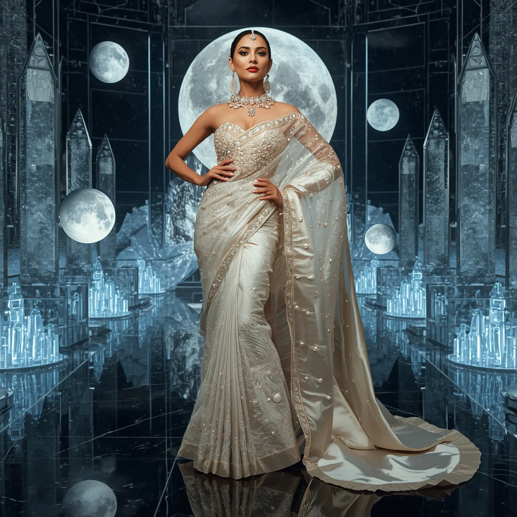 Ultra Luxury Celestial Pearl Saree Look with Moon Crystal Palace Background | new prompt - New 10 Traditional Young Girl Saree AI Prompts for Village Temple Visits AI Prompt