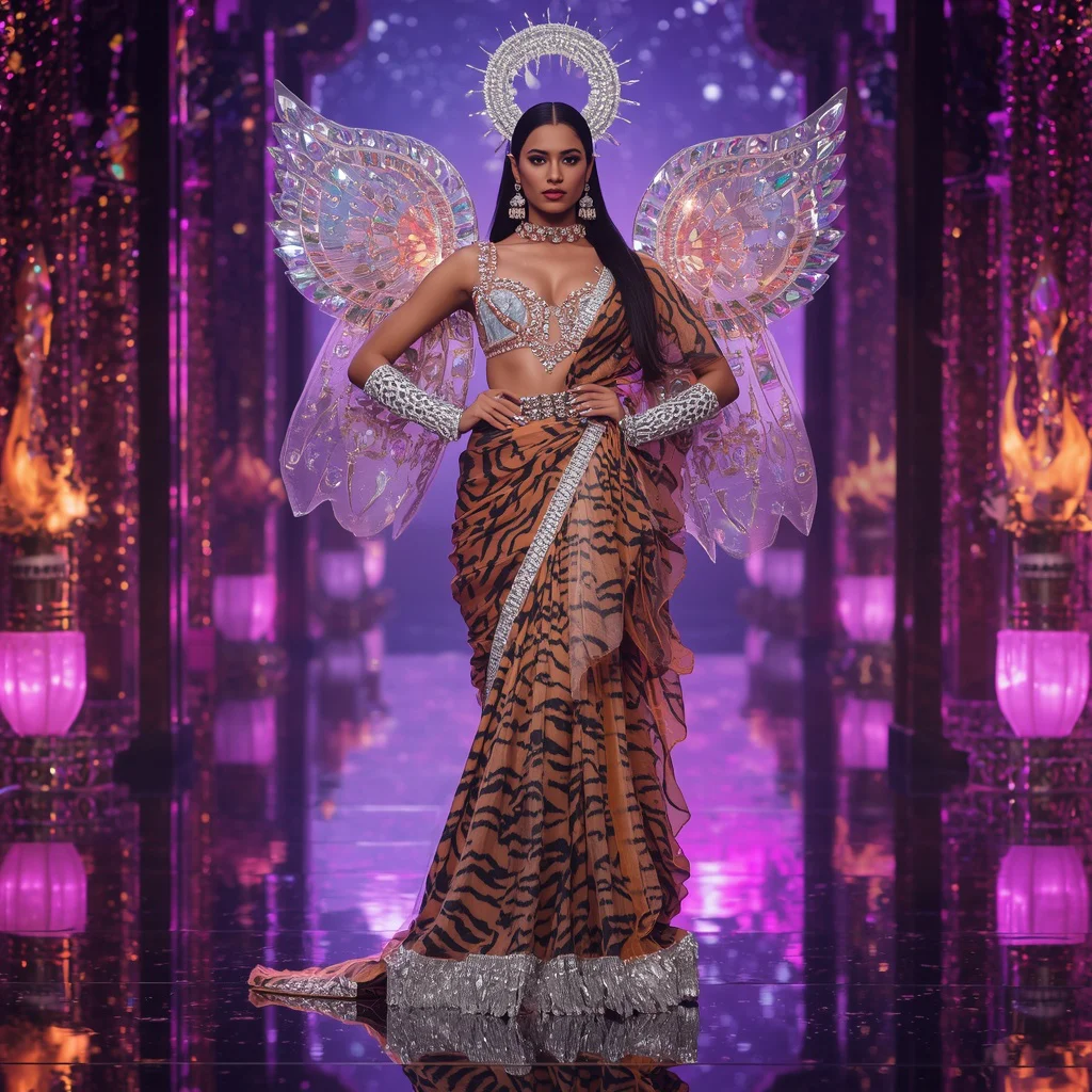 Ultra Luxury Celestial Tiger Saree Couture with Infinity Aurora Temple Background | prompt seen girl lehenga - Top 10 Charming Teen Saree AI Image Prompts for Historical reenactments AI Prompt