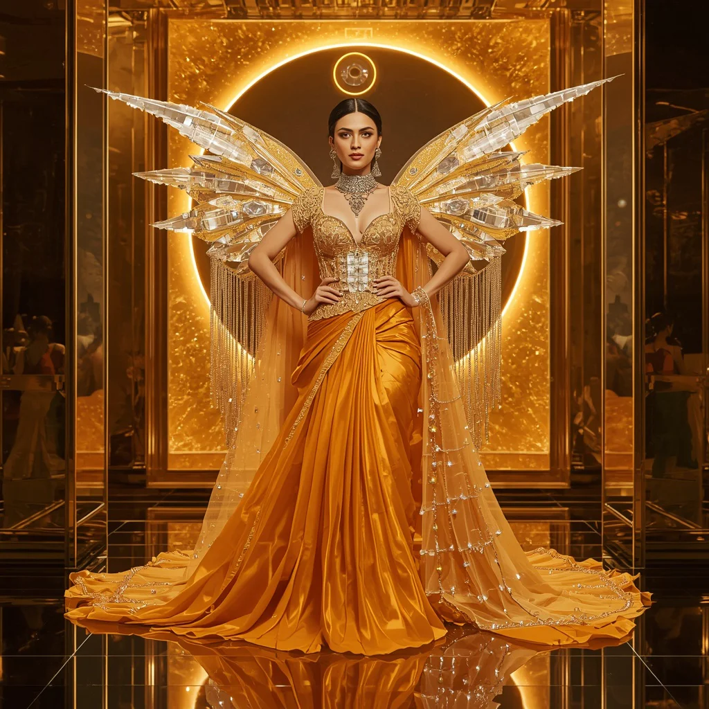 Ultra Luxury Solar Queen Saree Couture with Golden Eclipse Palace Background | retro style prompt for gemini girl in saree instagram - Traditional Pochampally Saree AI Image Prompts for Rich Weaves AI Prompt